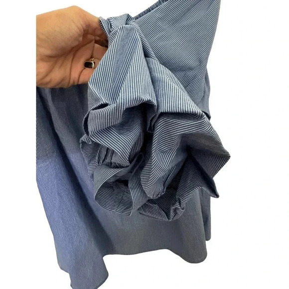 Zara Woman Blue White Pinstriped Ruched Puff Sleeve Off Shoulder Top Size S - Picture 2 of 5